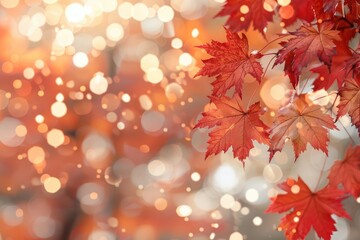 autumnthemed web banner with vibrant red and golden maple leaves soft focus background with warm bokeh lights creating cozy seasonal atmosphere