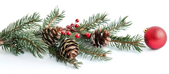 Isolated on a white background, a Christmas fir branch embellished with cones and a red sphere ornament, offering an empty copy space image.