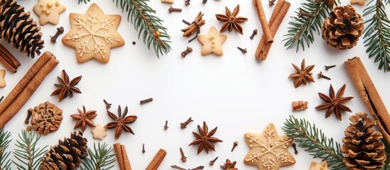 Top view of a Christmas-themed composition featuring various elements like fir branches, pine cones, cookies, cinnamon sticks, and anise stars, designed with copy space image.