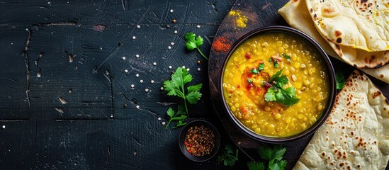 Traditional Indian lentil soup (Masoor Dal or Dal Tadka Curry) served with homemade Chapati on a rustic black wooden surface with spices and herbs; a visually appealing copy space image.