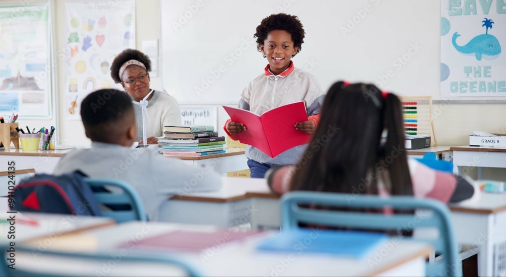Poster book, happy kid and reading presentation for learning, education or curriculum in elementary school.