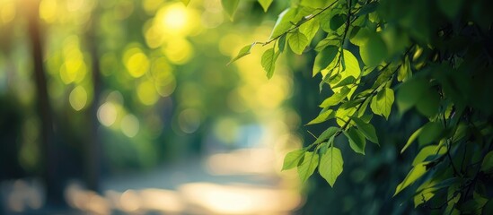 Obraz premium Spring gave life to lush green leaves in the Linden alley, creating a picturesque scene with a copy space image in the background.