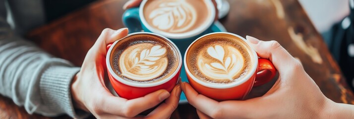 A couple holding coffee cups featuring intricate latte art designs, symbolizing warmth, affection, and a shared coffee experience.