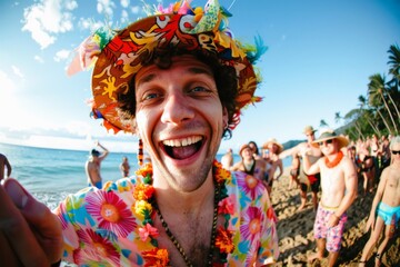 A joyful individual wearing a vibrant hat and flower necklace, smiling broadly while standing on a sunny beach, surrounded by a lively crowd of people in festive attire.