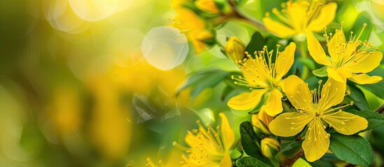 Focus on St. John's wort's yellow flowers with copy space image of Hypericum perforatum.