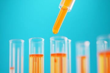 An orange or blue liquid is running through a test tube in a laboratory. An orange drop is hovering above the glass. This could be an SARS-CoV-2 test, a chemical test facility, or a medical test.