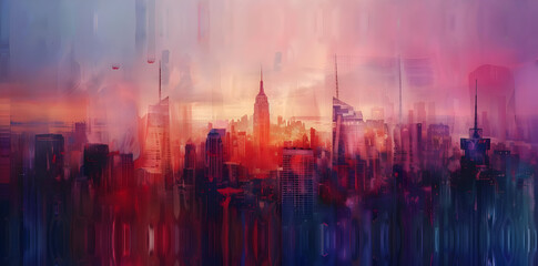 Abstract Cityscape Painting in Red and Purple Hues