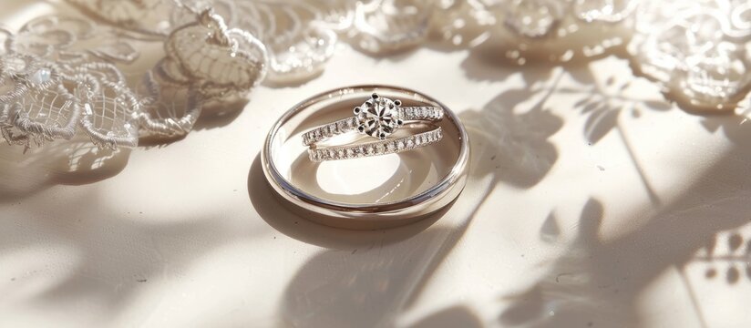Top view of wedding and engagement rings with diamonds, symbolizing love and marriage, on a white background with lace shadow and sunlight, with copy space image.