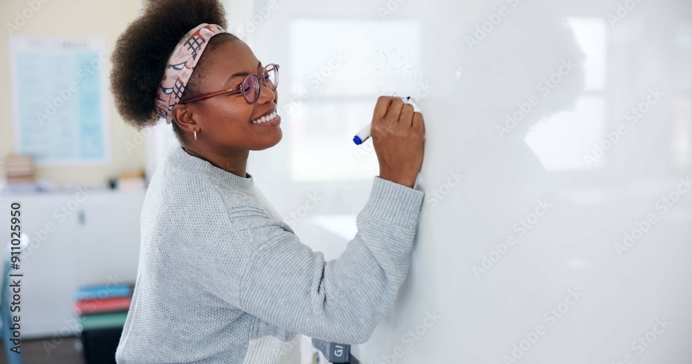 Canvas Prints Education, black woman and teacher with whiteboard in classroom for writing, learning or explain with knowledge. Educator, person and happy with brainstorming for exam, assessment and study in school