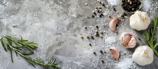 Fototapeta premium Top view of garlic, rosemary, black pepper, and salt on a grey concrete background with copy space image available.