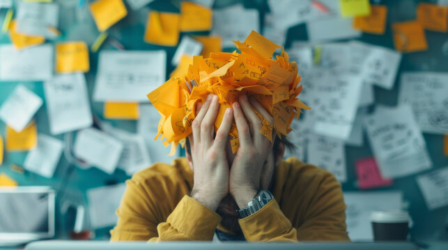 man covers his face with a bunch of notes, too much work concept