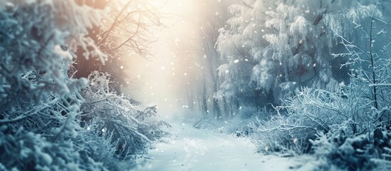 Obraz premium Winter scene in the forest with white snow and ice, perfect for copy space image.
