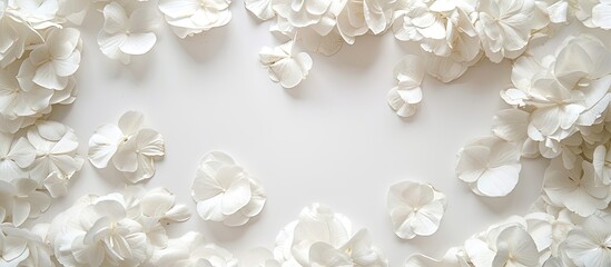 Obraz premium Minimalistic white flowers background with petals in a top view composition, representing the concept of beauty, with copy space image.