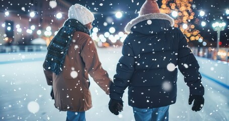 A couple enjoys ice skating together, holding hands amid falling snowflakes and twinkling lights