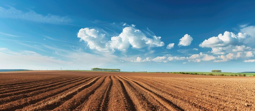 Newly ploughed field with a vast expanse of fertile soil and a clear horizon, creating a picturesque view with copy space image.