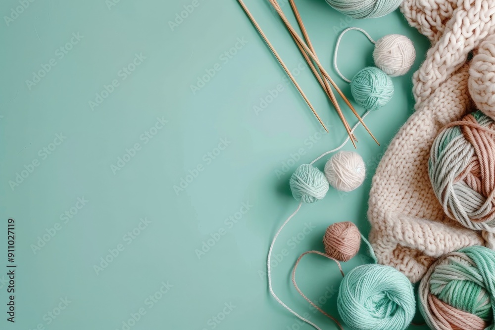 Aufkleber An arrangement of colorful yarn balls and knitting needles placed on a green background, depicting a cozy and creative knitting scene with soft textures and harmonious colors.