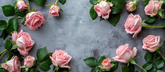 Pink roses on a gray background create a romantic floral frame, perfect for a Valentine's Day theme with copy space image.