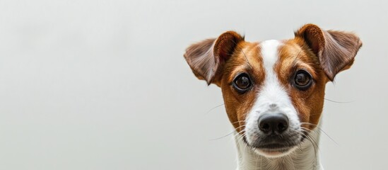 One-year-old Jack Russell Terrier sitting against a white background with copy space image.