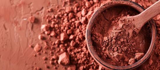 Selective focus on a red clay powder cosmetic texture mask against a natural background with copy space image.