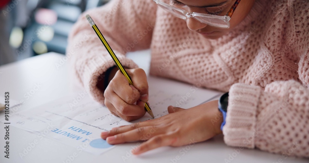Poster Writing, student and exam in classroom, hands and multiple choice for child in school and education. Test, paper and thinking for answer of questions, learning and growth with development of kid