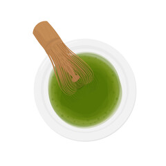 Vector Illustration Logo Clip Art Top View Matcha green tea drink is stirred with a Bamboo whisk 