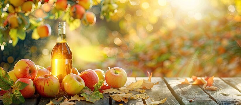 Sunny day in an autumn garden with a bottle of fresh apple cider next to autumn apples, creating a scenic backdrop with space for text to add on in a copy space image.