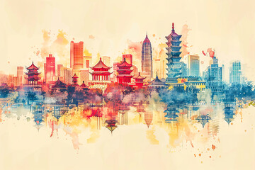 Watercolor painting of nanjing city skyline reflecting on water