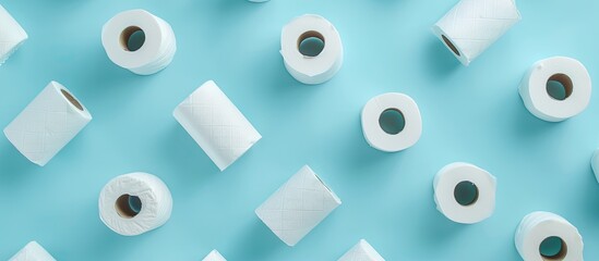 Minimalistic flat lay composition with copy space image featuring panic shopping during the Coronavirus pandemic, showcasing a sparse supply of toilet paper rolls on a light blue background.