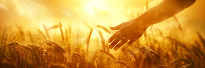 A single hand grazing wheat stalks in a sunlit field, framed by the golden glow of sunset, evoking feelings of serenity and nostalgia.