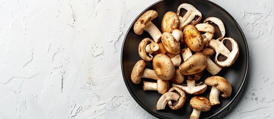 Fototapeta premium Top view of dry porcini mushrooms on a white background, arranged on a black ceramic plate with plenty of copy space in the image.
