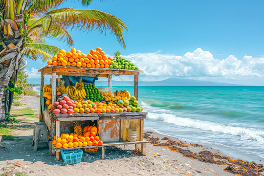 Exotic fresh fruit juice stand offering refreshments on a tropical beach