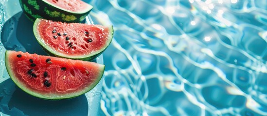 Summer background featuring watermelon by poolside, ideal for travel or holiday concepts with copy space image.