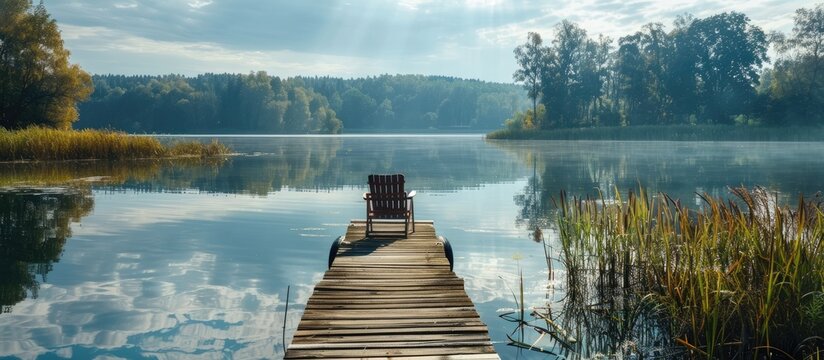 Wooden pier on a serene rural lake with a chair, showcasing a tranquil scene with abundant copy space image.