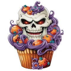 Obraz premium Halloween Cupcake with Skull Decorations, Perfect for Holiday Parties, Festive Baking, Recipe Blogs, Themed Celebrations, and Seasonal Menu Designs