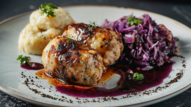 Plate of chicken ballotine stuffed with forcemeat, served with mashed potatoes and red cabbage