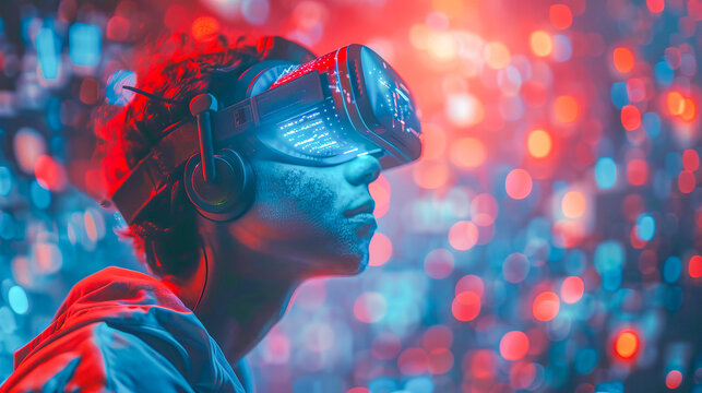 Man experiencing virtual reality with vr glasses and blockchain technology in background