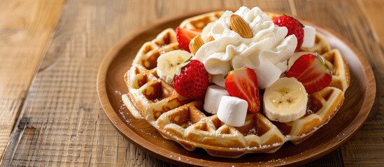 Fototapeta premium Wooden plate holds a waffle adorned with banana, strawberry, whipped cream, marshmallow, and almond on a wooden table, with ample copy space in the background.