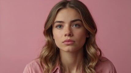 Naklejka premium Young woman thinking, isolated pink background, close-up 4k