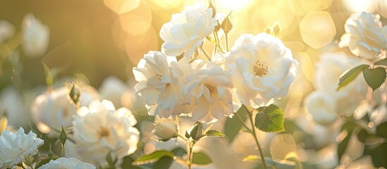 Sunny summer day showcases many white rambler rose flower heads with soft focus backlight, ideal for background template with text or copy space image.