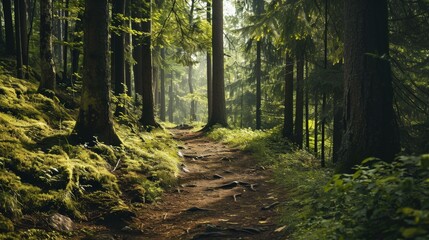 Obraz premium A Path Through a Sun-Dappled Forest