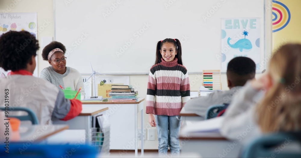 Poster class, happy child and presentation for learning, education or knowledge in elementary school. girl,
