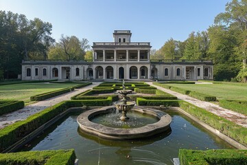 Obraz premium A Classic Italian Villa with a Fountain in the Formal Gardens