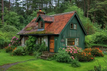 Fototapeta premium A charming green cottage nestled in a lush forest setting
