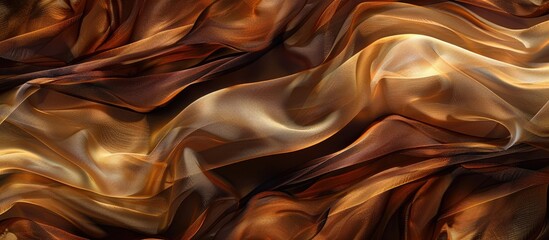 Silk fabric in various shades of brown and chocolate, intertwined with milky, carnelian, burnt sienna, flame, lust, and persimmon colors, creating an abstract luxury fabric background resembling