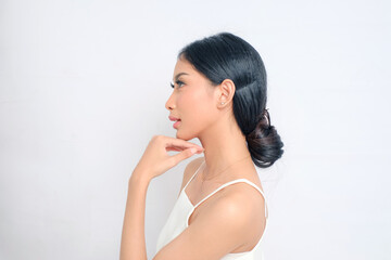 Side View Adorable Asian Woman with Tied Long Hair and Brown Skin on White Background