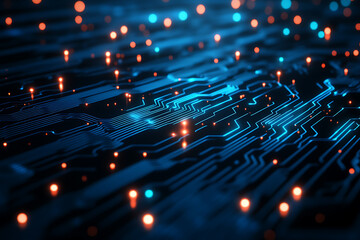 Abstract digital network circuit board background banner featuring connecting data points in blue and black colors. This design emphasizes the complexity and sophistication of modern technology