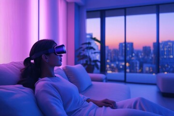 Naklejka premium A person relaxing on a couch, using a wearable device to change the lighting and temperature in a futuristic, smart living room.