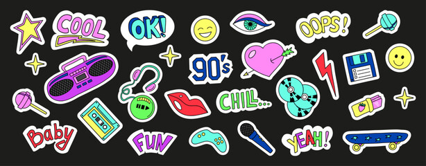 Cool Colorful Sticker Collection of 90s. Retro devices and stuff badges. Hand drawn doodle trendy patches