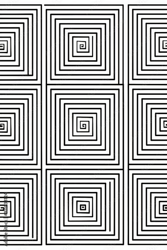 Poster a fascinating black and white image, featuring an intricate spiral pattern formed by concentric squa
