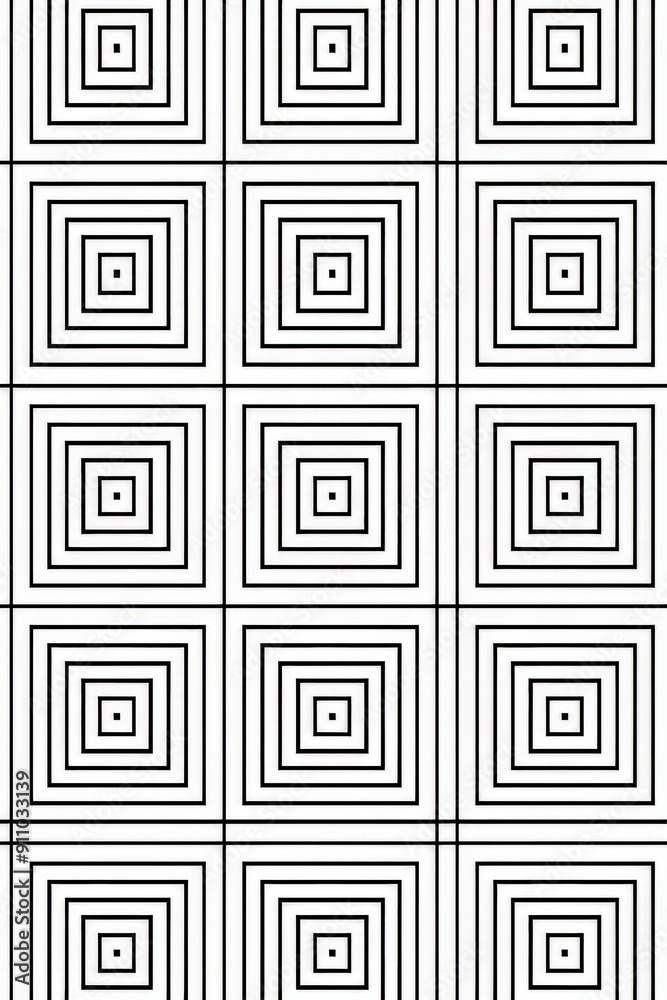 Poster A mesmerizing image featuring a repeating rectangular pattern in black and white, creating an illusion of depth and geometric complexity, perfect for abstract art lovers.